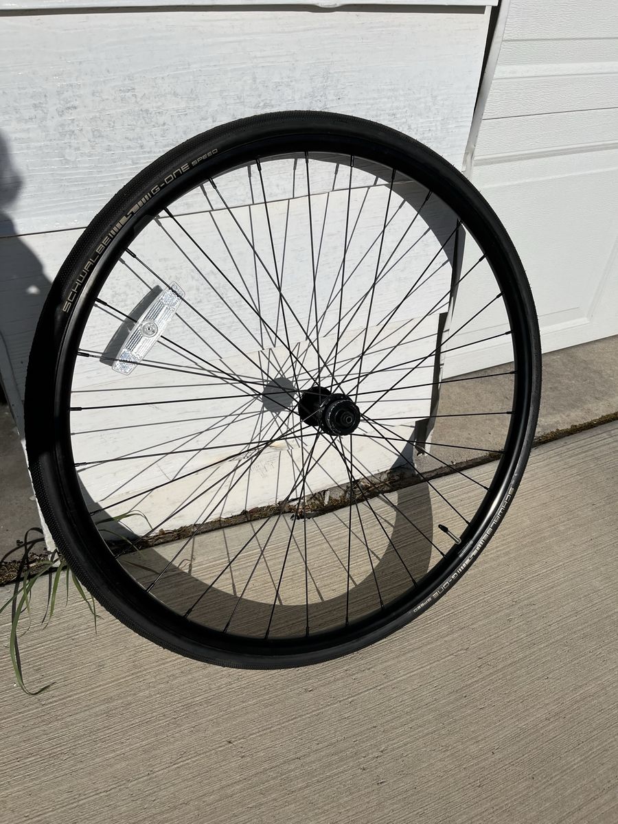 New Schwalbe G-one speed tire on 700c road front wheel, center lock rotor. QR