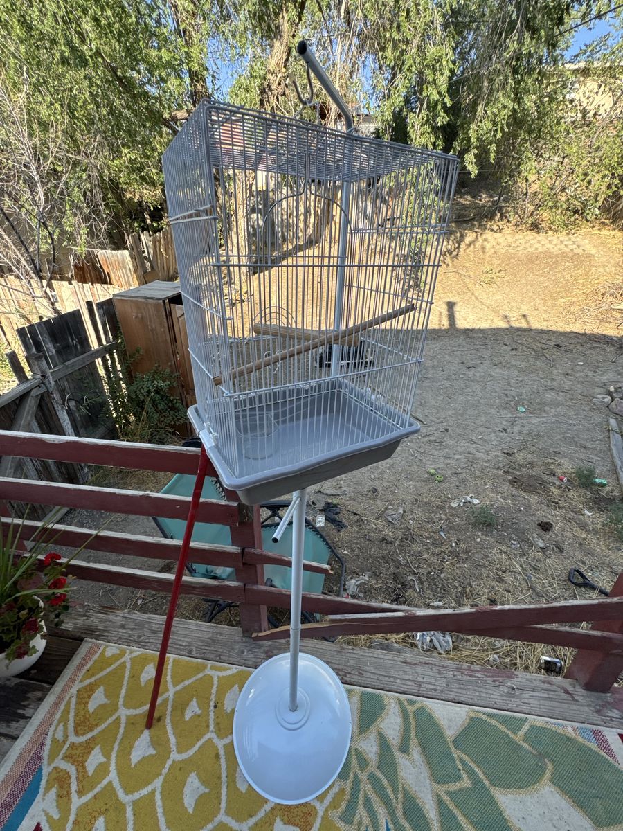 White Metal Bird Cage with Hanging Stand