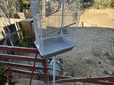 White Metal Bird Cage with Hanging Stand