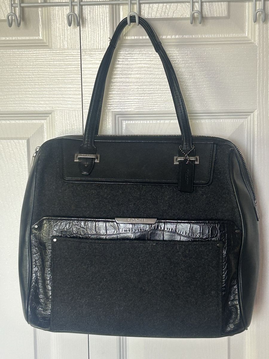 Coach Black Wool & Leather Satchel Shoulder Bag