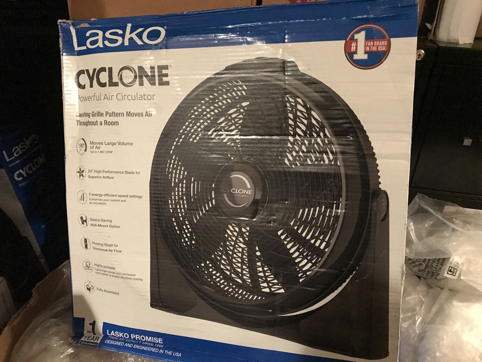 20" Lasko cyclone fan air mover can be wall-mounted
