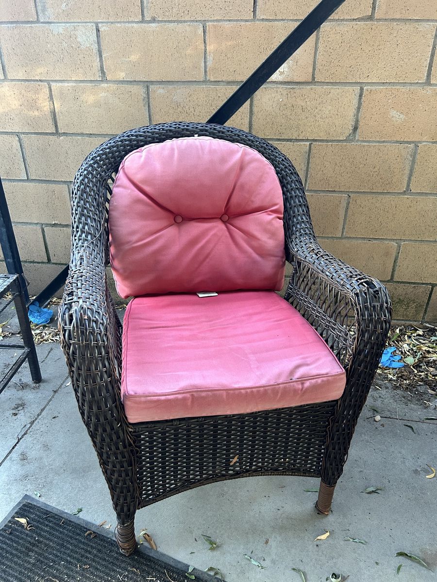 Wicker Patio Chairs & Glass Top Table Set - Brown Wicker, Pink Cushions - Used Outdoor Furniture
