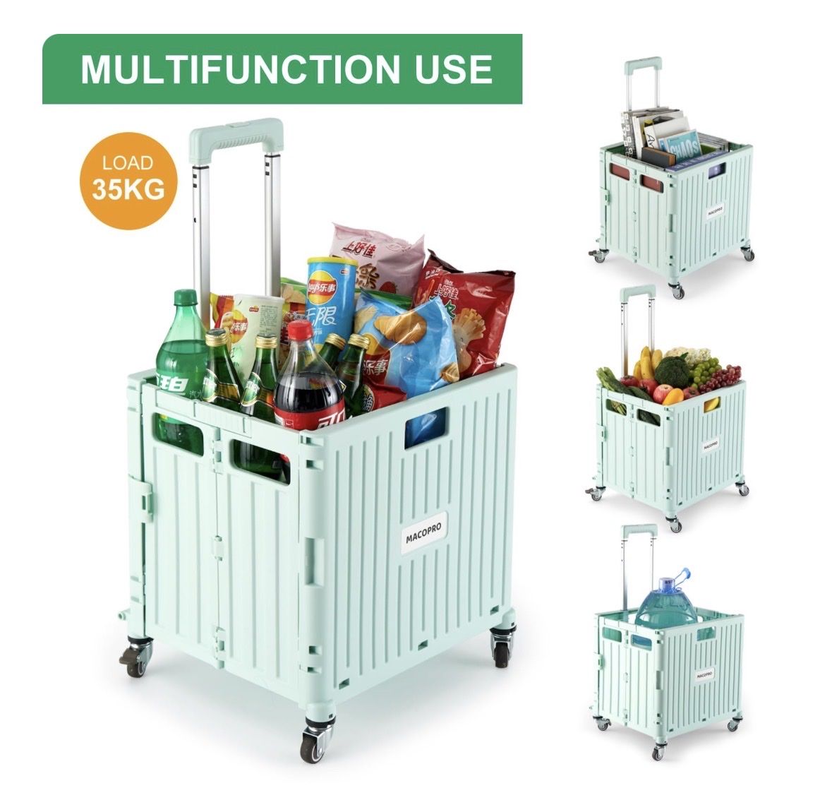 MACOPRO Collapsible Rolling Crate with Telescoping Handle, 35KG Load, 360° Wheels