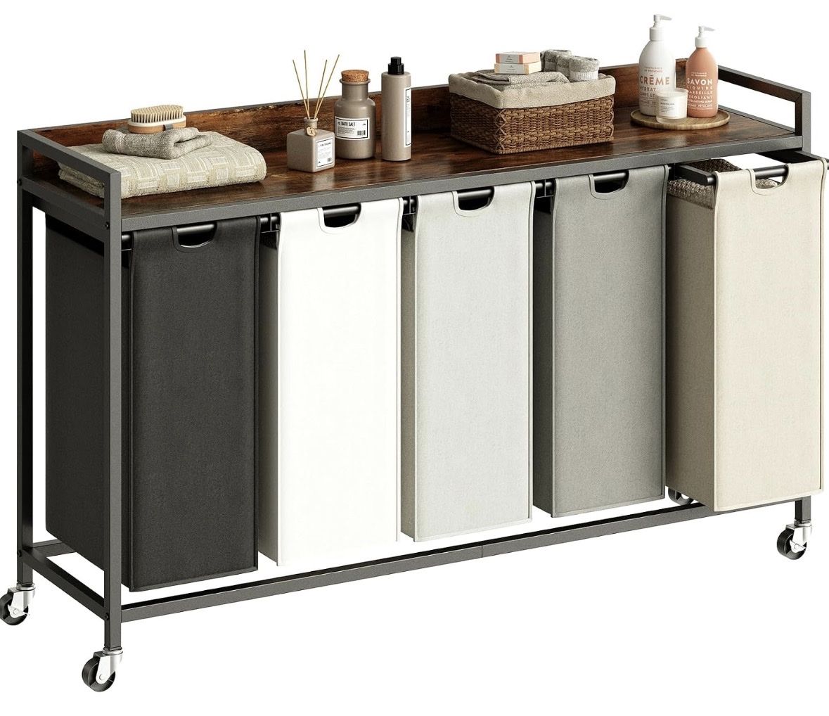 5-Bag Rolling Laundry Hamper Sorter Cart with Wooden Storage Shelf