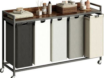 5-Bag Rolling Laundry Hamper Sorter Cart with Wooden Storage Shelf
