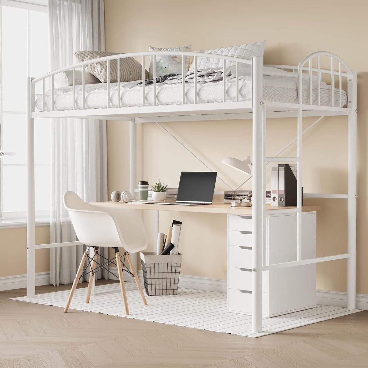 GAOMON Loft Bed Twin Size with Flat Ladder Rung, Arched Safety Guardrail, Metal Loft Bed Frame,
