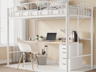 GAOMON Loft Bed Twin Size with Flat Ladder Rung, Arched Safety Guardrail, Metal Loft Bed Frame,