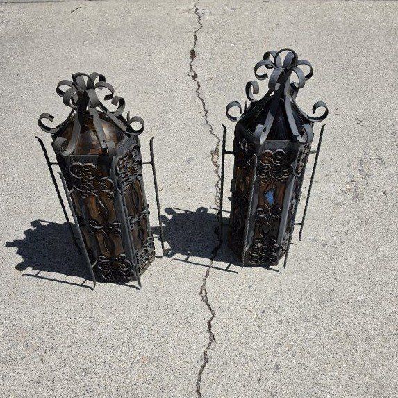 Pair of Vintage Spanish Revival / Gothic Wrought Iron Wall or Ceiling Lanterns