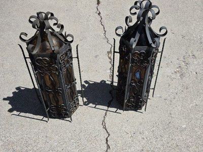 Pair of Vintage Spanish Revival / Gothic Wrought Iron Wall or Ceiling Lanterns