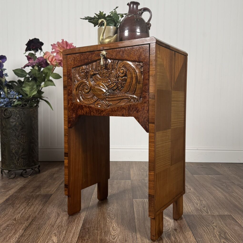 Vintage Burl Wood Bar Cabinet w/ Carved Bird Motif