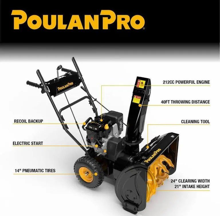 Poulan Pro PR241 Snow Blower 212cc Engine, 24" Clearing Width, Electric Start, 14" Tires