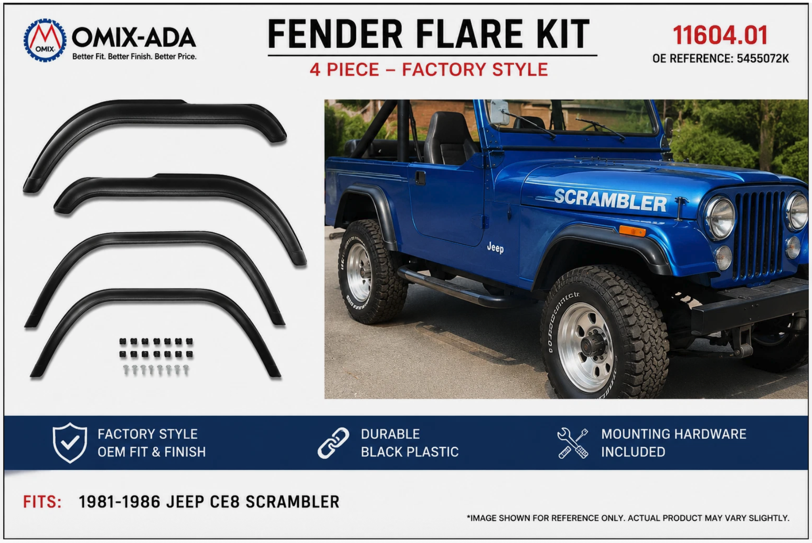 Omix-Ada 11604.01 Fender Flare Kit 4pc Factory Style Fits 1981-1986 Jeep CJ8