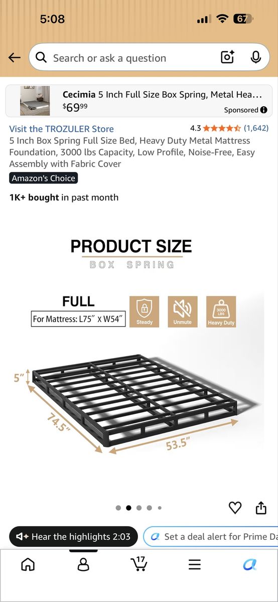 Full mattress, low to the ground bed frame, and mattress topper