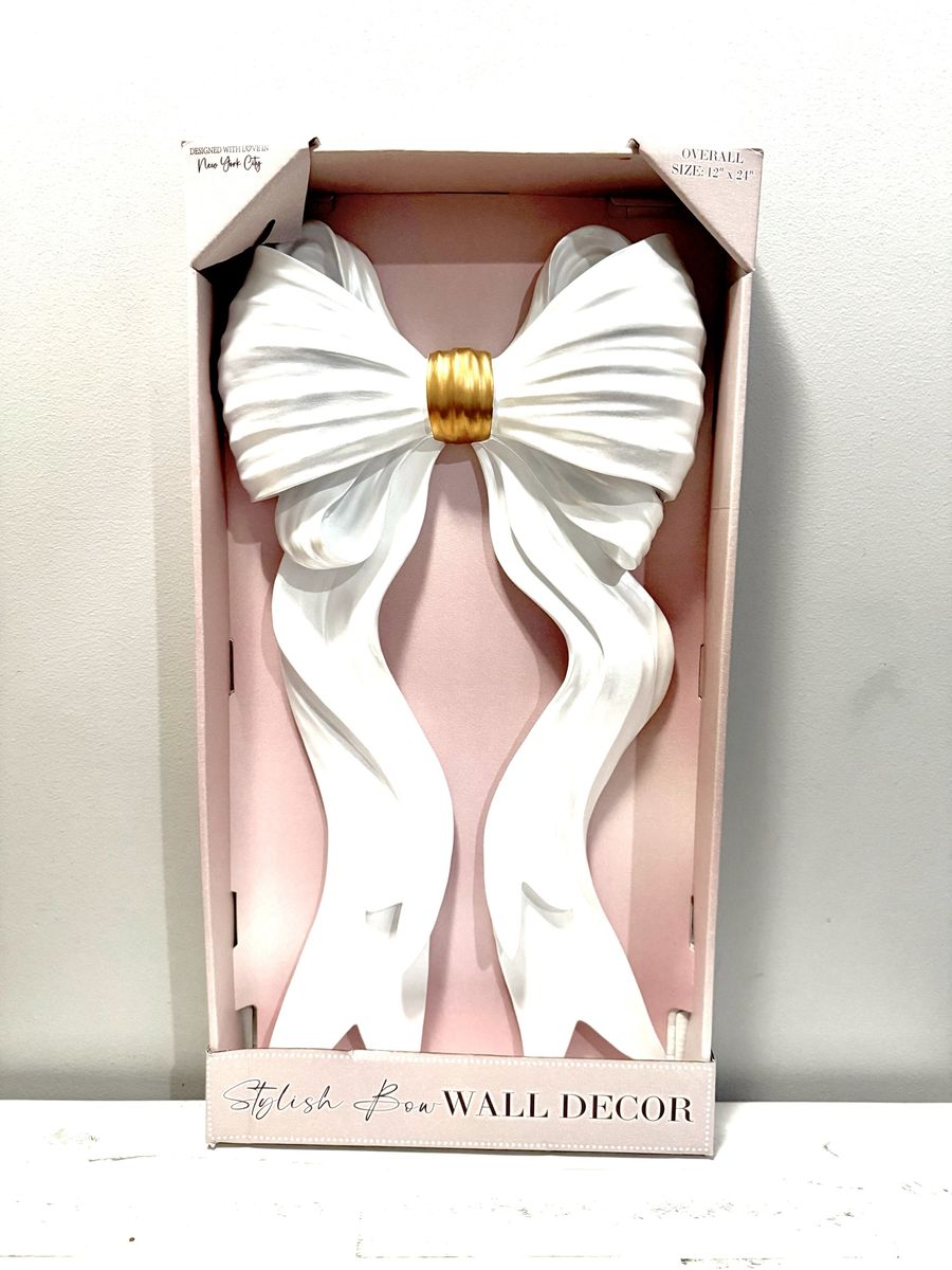 New York City Stylish White Bow Wall Decor 12" x 24" Elegant Gold Accent (2 Available)