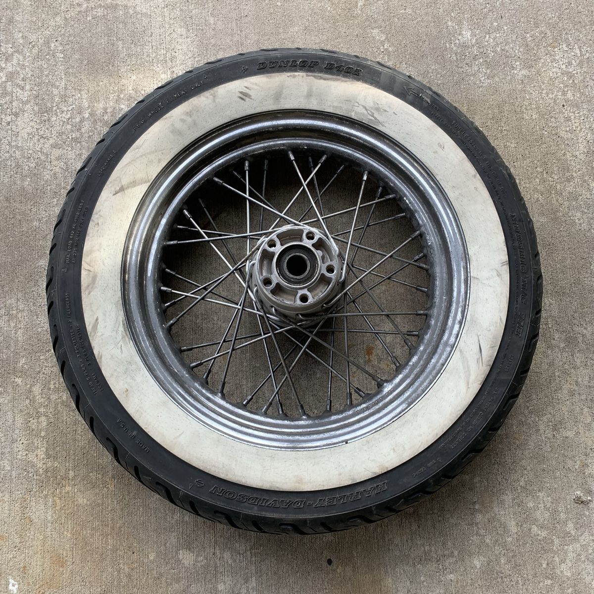 Dunlop D402 Harley-Davidson Whitewall Tire on Spoke Wheel Rim