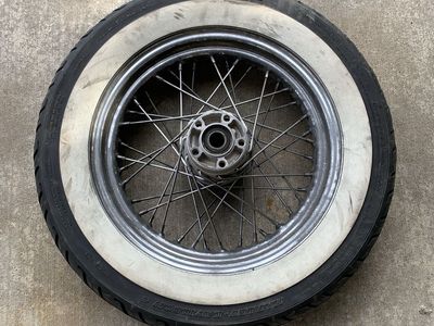 Dunlop D402 Harley-Davidson Whitewall Tire on Spoke Wheel Rim