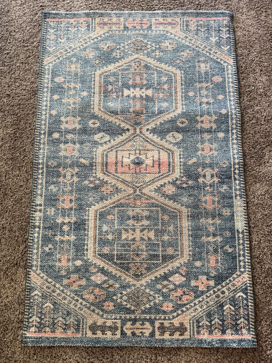 Geometric Pattern Area Rug - Navy Blue, Pink, Cream Accent Rug/ washable- non slip