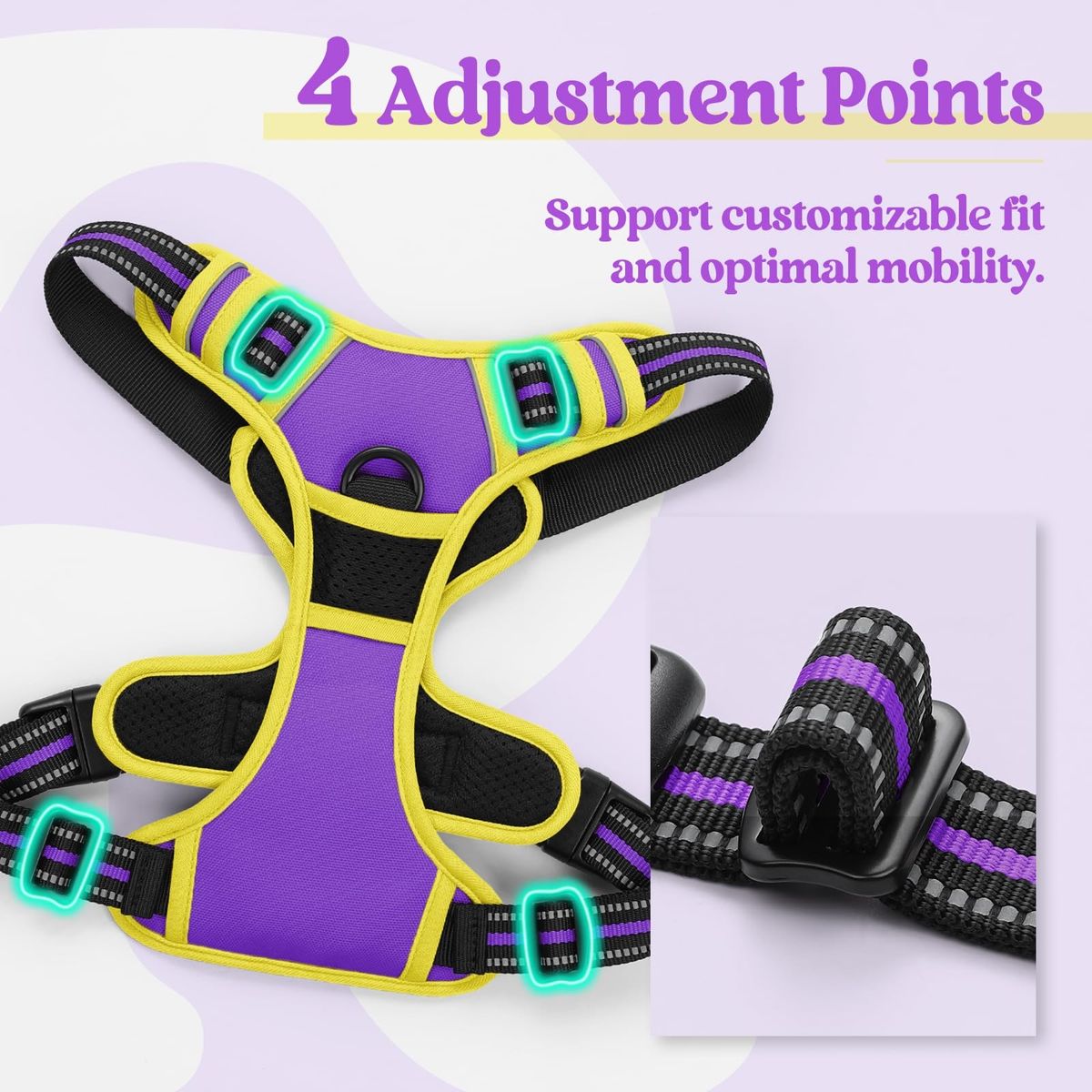 Adjustable Purple Dog Harness with 4 Adjustment Points & Secure Buckles