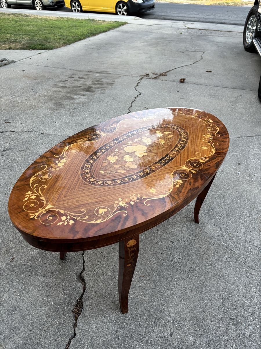 Vintage Wood Accent Table with Floral Inlay Marquetry, Glossy Finish 39"x21"x19"