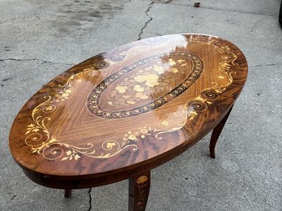 Vintage Wood Accent Table with Floral Inlay Marquetry, Glossy Finish 39"x21"x19"