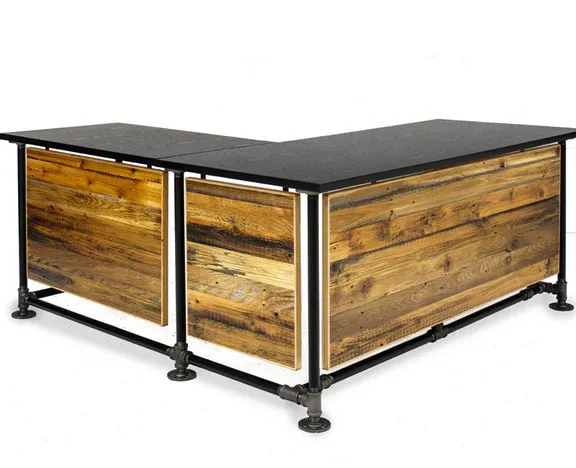 L-Shaped Industrial Pipe Desk- Reclaimed Wood