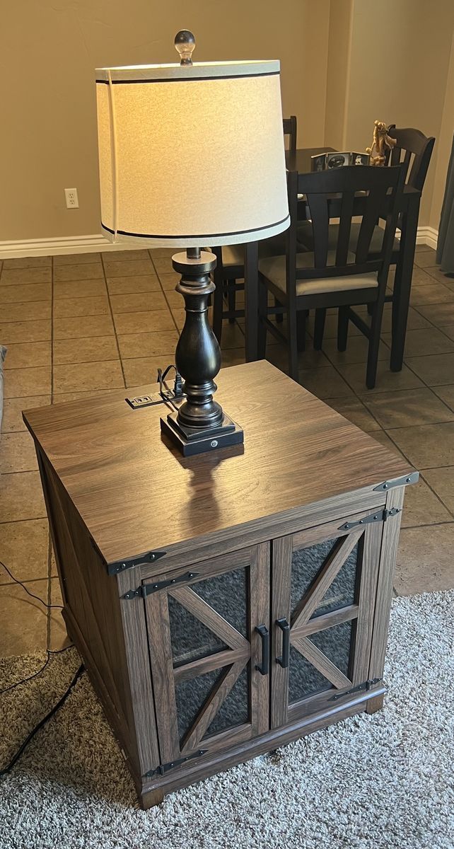 Rustic Farmhouse End Table Nightstand with Built-In Outlets and Glass Doors