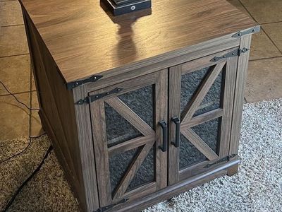 Rustic Farmhouse End Table Nightstand with Built-In Outlets and Glass Doors