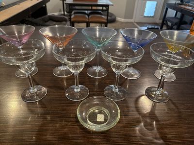 Set of 9 Assorted Margarita & Martini Glasses - Clear & Colored Glassware for Cocktails