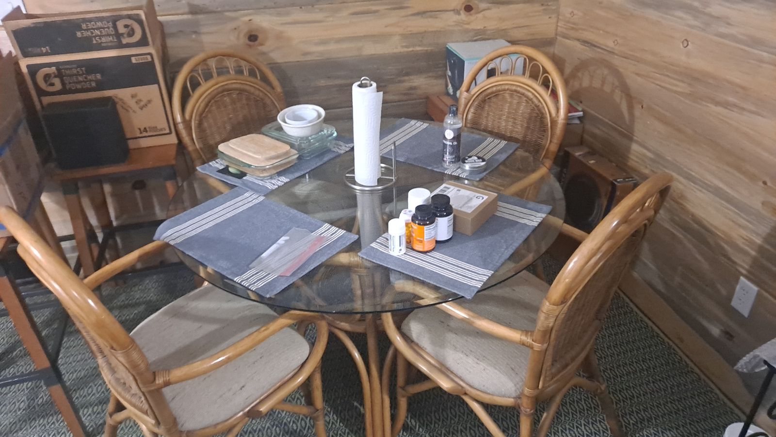 Rattan Kitchen Dining Set - Round Glass Table & 4 Chairs - Woven Wicker Design