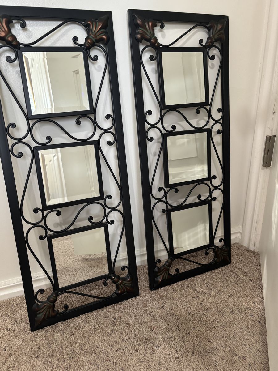 2 Wrought Black Iron Three Panel Of Mirror Decor