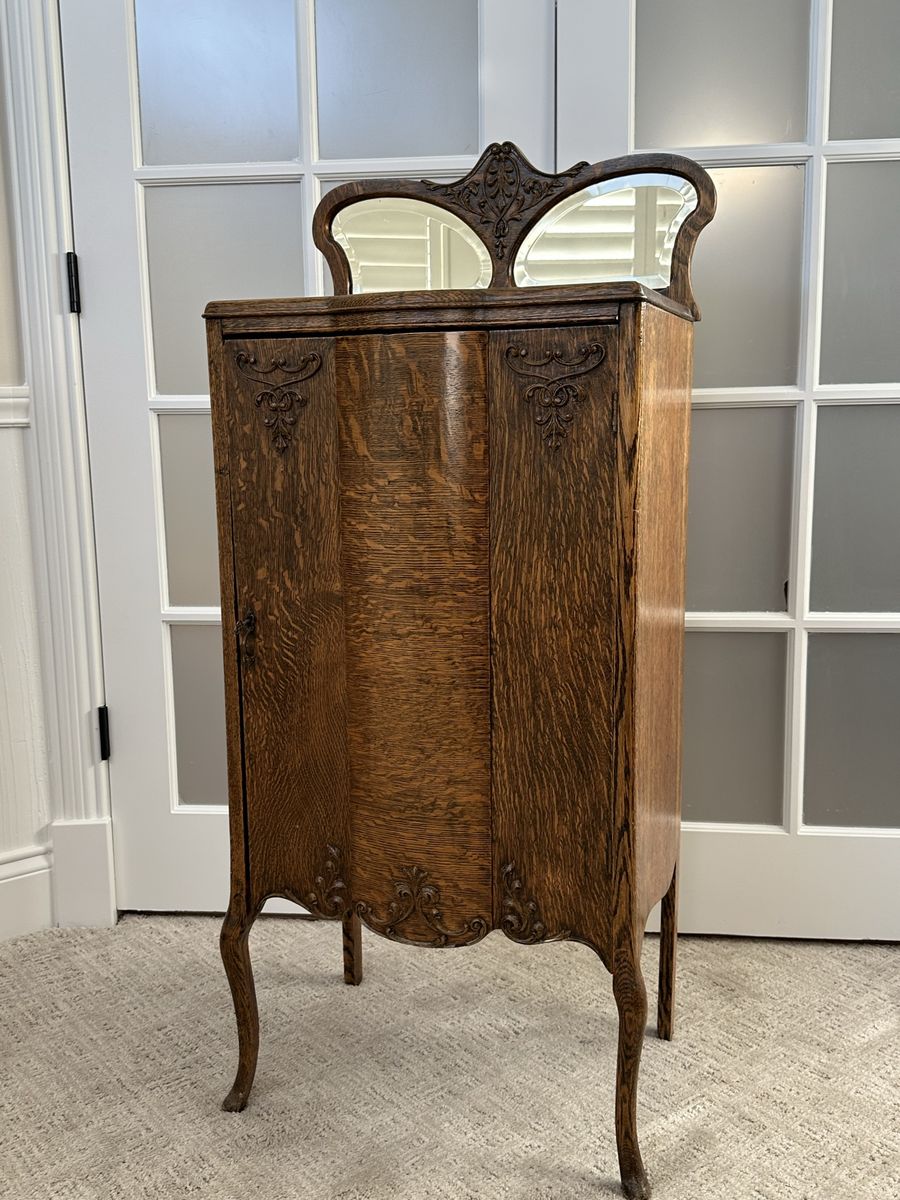 Antique Rockford Tiger Oak Sheet Music Cabinet with Mirror - Early 20th Century