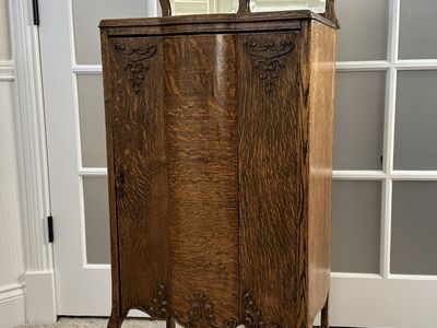 Antique Rockford Tiger Oak Sheet Music Cabinet with Mirror - Early 20th Century