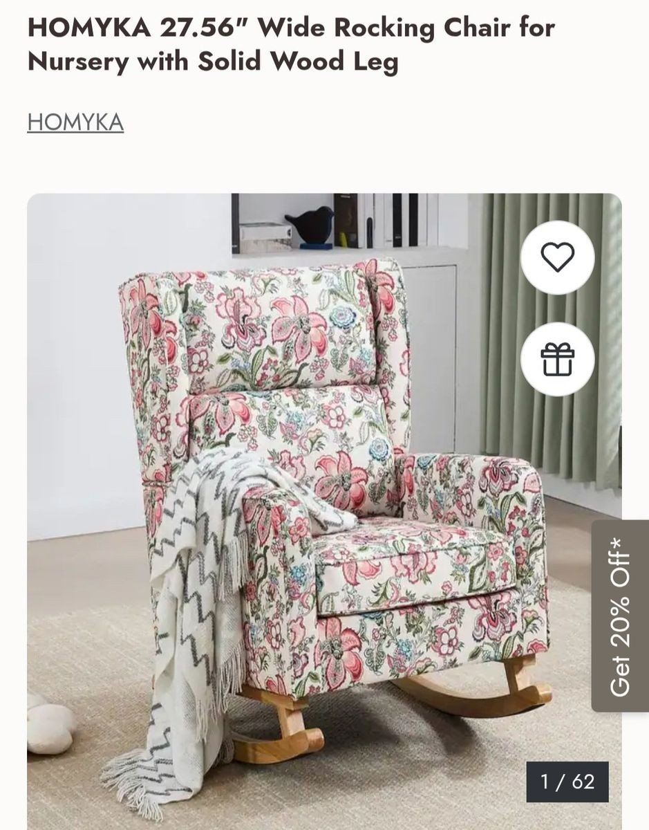HOMYKA 27.56" Floral Nursery Rocking Chair with Solid Wood Legs