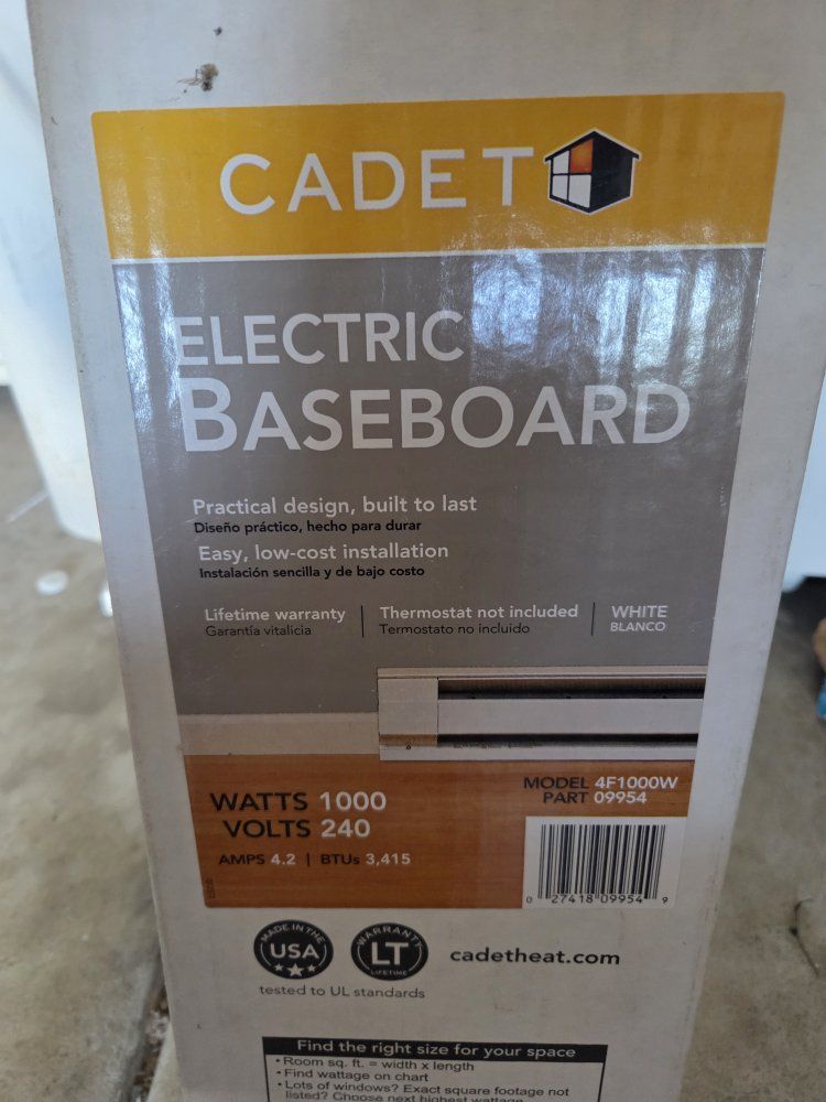 Cadet 4F1000W 48" Electric Baseboard Heater - 1000 Watts, 240 Volts, White and thermastat