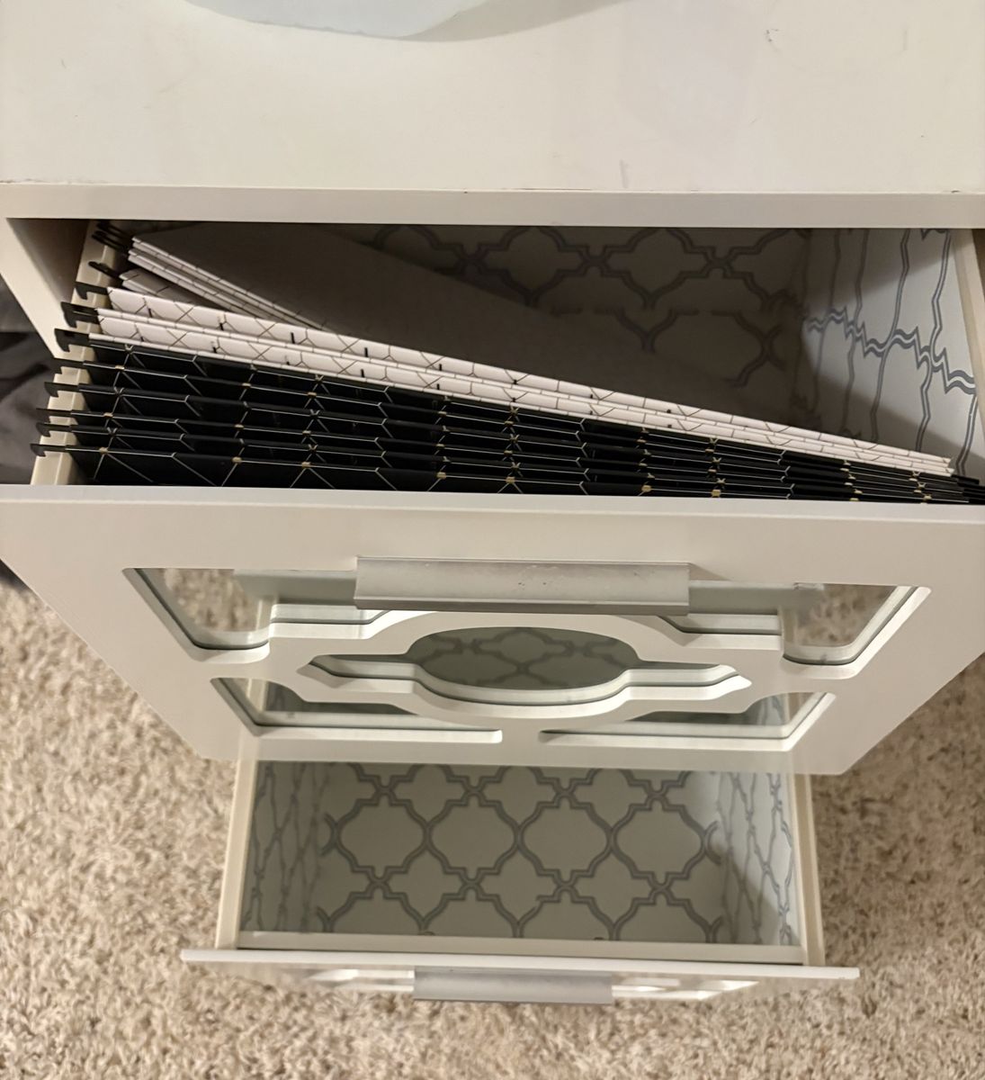 White 2-Drawer Rolling File Cabinet with Mirrored Overlay and Patterned Lining