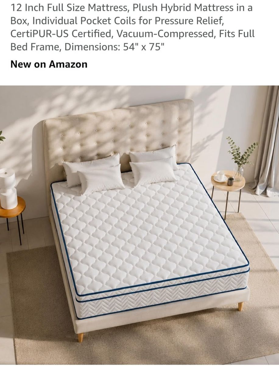 New Full Size Mattress, Plush Hybrid Mattress in a Box, 54" x 75"