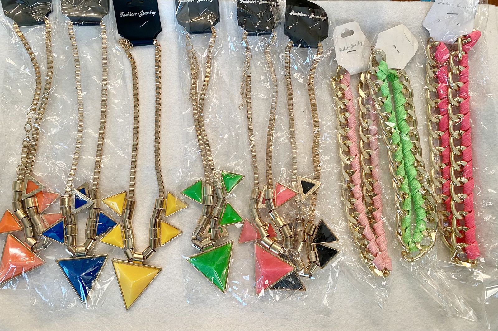 NEW! Statement Bright Triangle Pendant & Ribbon Chain Necklace Fancy Glam & Colorful $10 & Up - C PIX