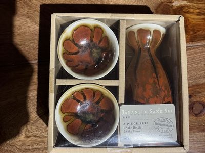 World Market Red Japanese Sake Set - 3 Piece Bottle & 2 Cups, Microwave Safe-REDUCED