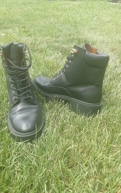 Coach Black Leather Combat Boots Women's Size 6.5 with Gold Hardware and Lug Sole