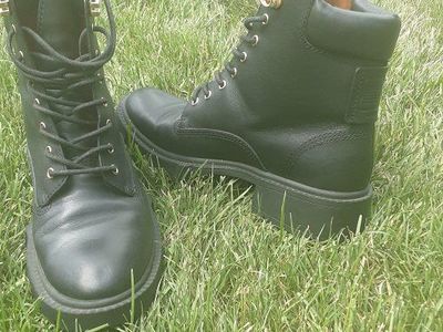 Coach Black Leather Combat Boots Women's Size 6.5 with Gold Hardware and Lug Sole