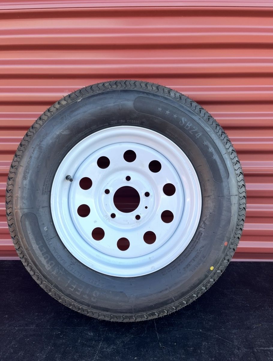 New Steel Bull ST 205/75 R 15 Trailer Tire Mounted on New White Spoke Wheel. 5 on 5 Pattern