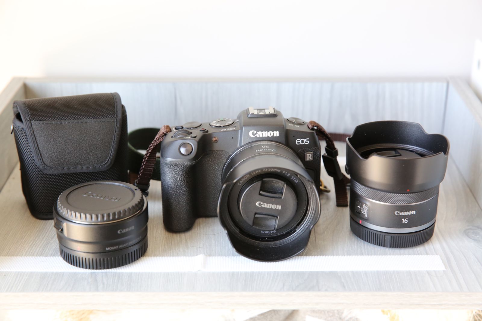 Canon R full frame mirrorless w/ 50mm 1.8, 16mm, and full frame lens adapter