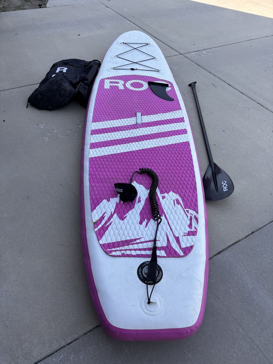 ROC Inflatable Stand Up Paddle Board Pink/White with Paddle, Fin, Leash, and Bag