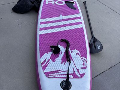 ROC Inflatable Stand Up Paddle Board Pink/White with Paddle, Fin, Leash, and Bag