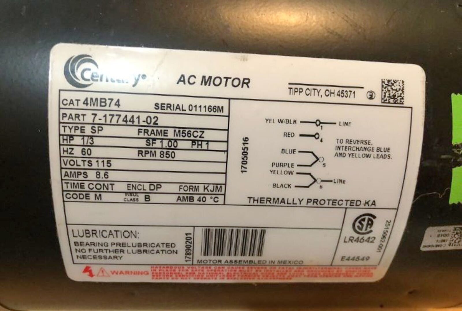 Century AC Motor Split Phase, M56CZ Frame, 1/3-HP, 850-RPM, 115-Volt, 8.6-Amp