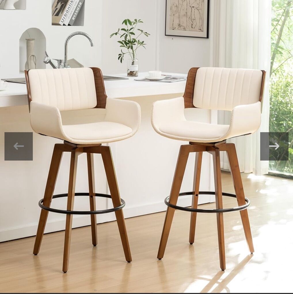 Set of 2 Beige PU Leather Swivel Bar Stools.