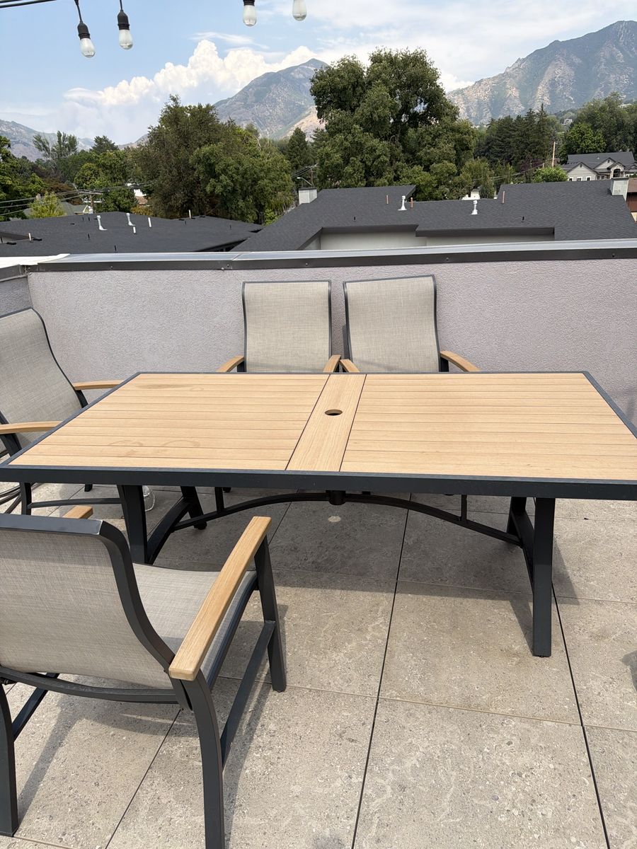 Outdoor Patio Dining Set - Table and 6 Armchairs with Wood Look Accents