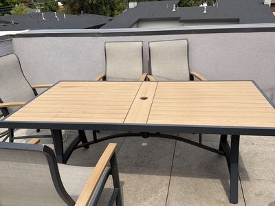 Outdoor Patio Dining Set - Table and 6 Armchairs with Wood Look Accents