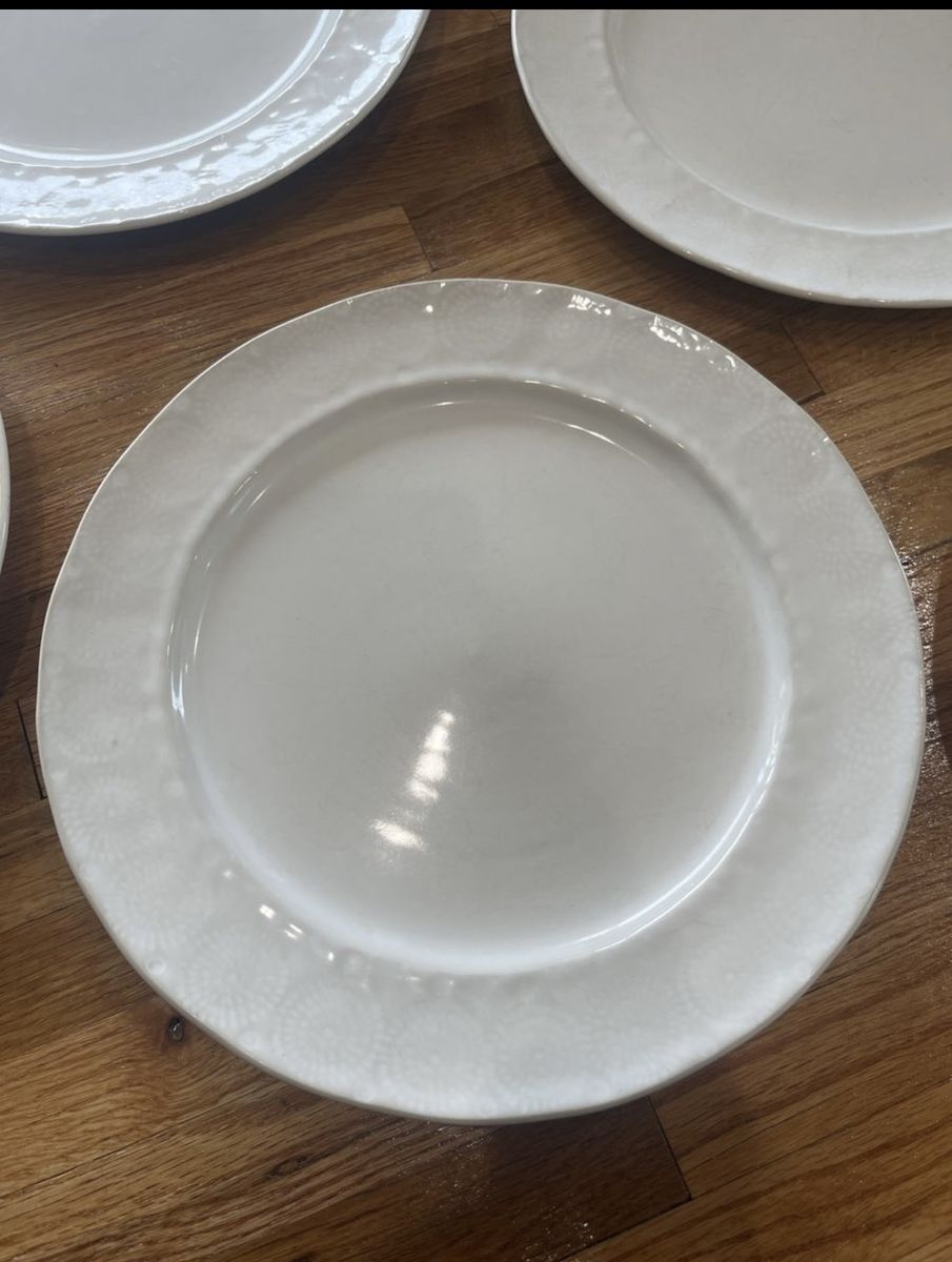 Anthropologie, made in Portugal, White Ceramic Dinner Plates with Textured Rim