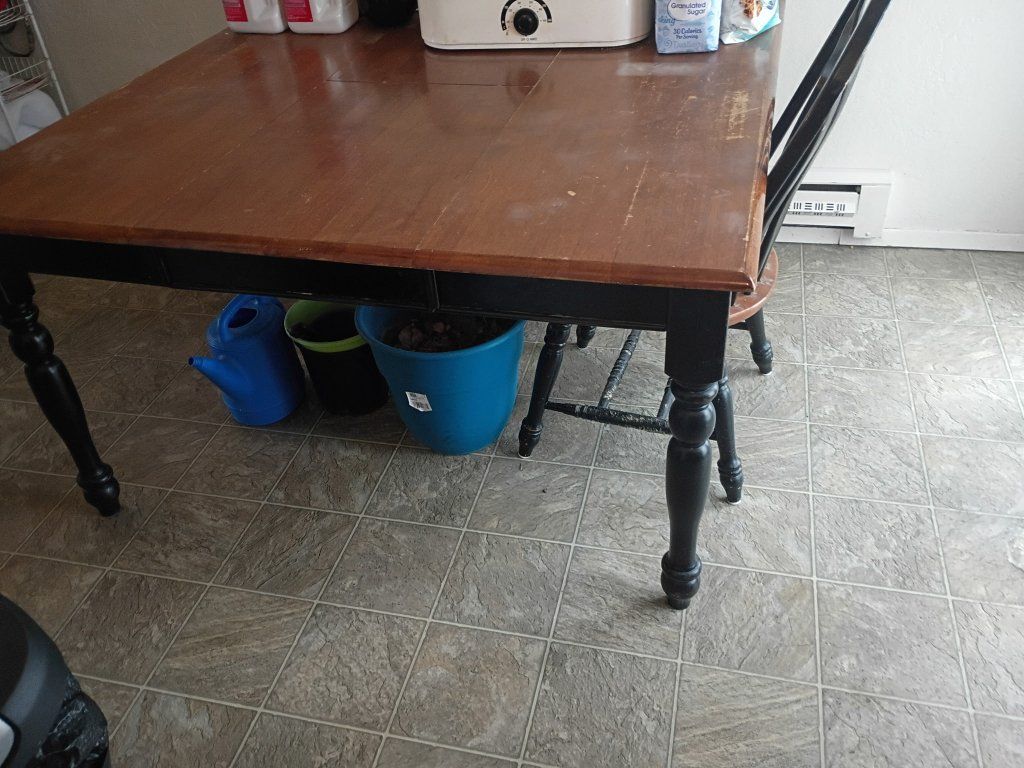 Wooden Dining Table with Black Turned Legs and Matching Chair